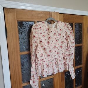 Women's Cream Floral Peplum Blouse with Long Puff Sleeves